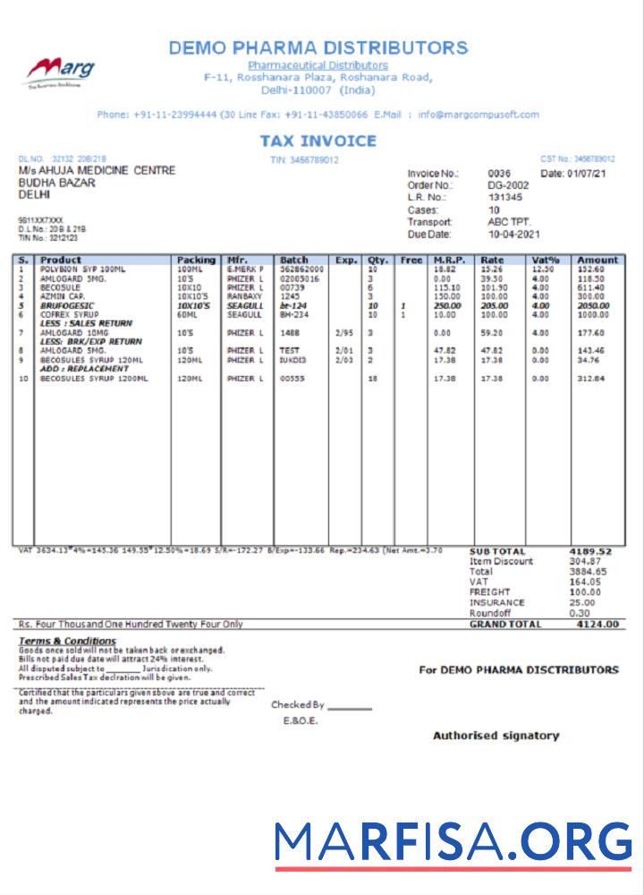 Realistic India Demo Pharma Distributor medicine consultancy services invoice sample